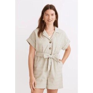 Madewell Seersucker Camp Romper Women's Size XL Sage Green Tie Waist